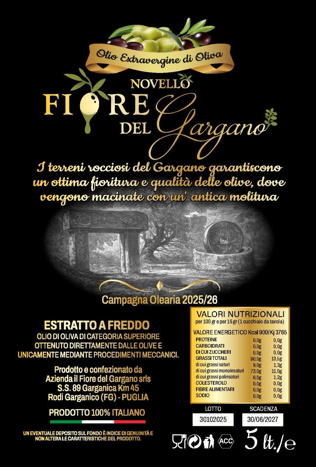 Fiore del Gargano 5 Litre Extra Virgin Olive Oil - All Italian Olives from the Gargano Valley